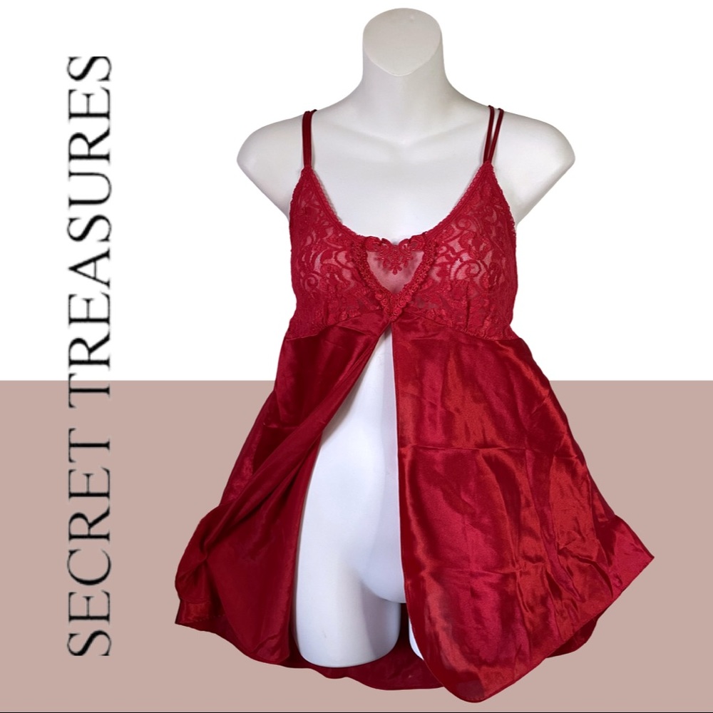 Secret Treasures Red Heart Stretch Lace Satin Babydoll Teddy Chemise M/L